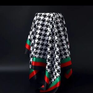 Black and White Houndstooth Scarf with Red and Green Borders